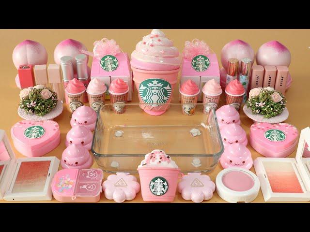 Mixing”Pink Starbucks” Eyeshadow and Makeup,parts,glitter Into Slime!Satisfying Slime Video!ASMR