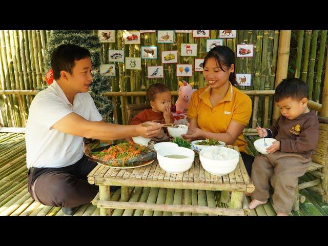 Harvesting chicken eggs to sell at the market, repairing the farm with him and cooking