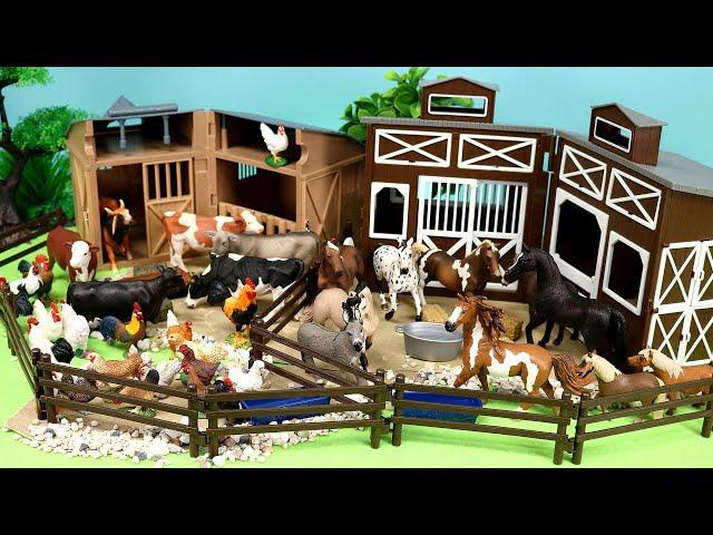 Barn Set with Barnyard Animal Figurines - Horses Cattle Chicken