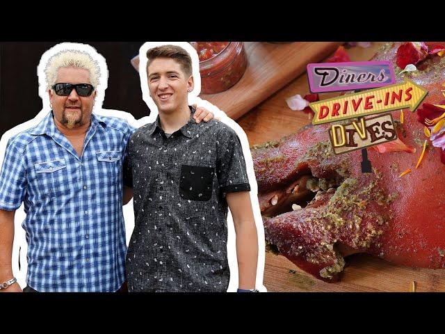 Guy & Hunter Fieri Eat a Pig Head Platter | Diners, Drive-Ins and Dives | Food Network