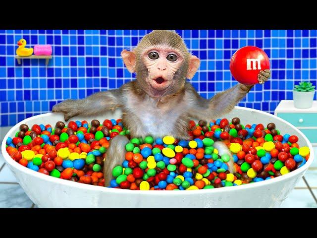 KiKi Monkey bath in the Rainbow BathTub full of M&M candy and play with ducklings | KUDO ANIMAL KIKI