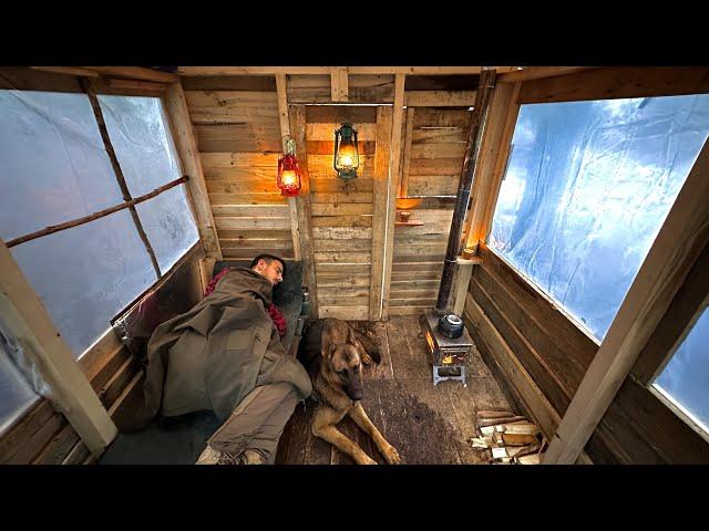 Winter Camp in a Wooden Cabin / Alone with my Dog in ter Off Grid Pallet Wood Cabin