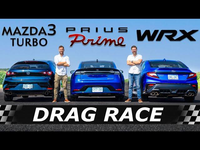 2023 Toyota Prius Prime vs Mazda3 Turbo vs Subaru WRX // DRAG & ROLL RACE