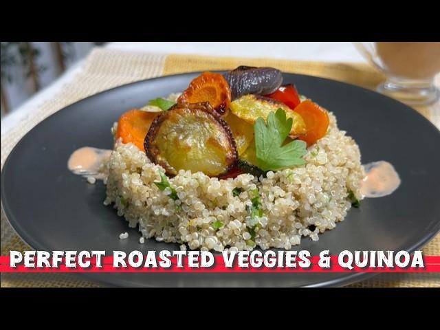 Quinoa with Roasted Veggies, Tahini Sauce , Mrs vegan