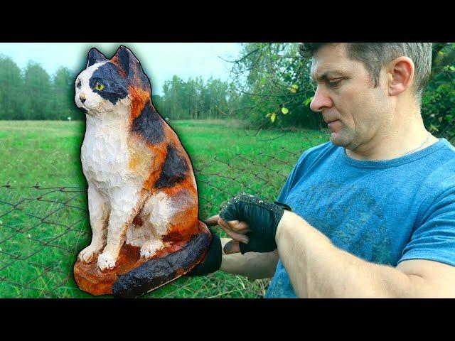 Wooden CAT in 1 HOUR, chainsaw wood carving