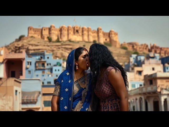 Sensual Lesbian Kisses Between an Indian Woman and an African Woman at the Majestic Mehrangarh Fort