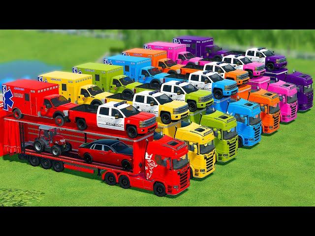 TRANSPORTING POLICE CARS, FIRE TRUCKS, AND CARS WITH SCANIA TRUCKS - Farming Simulator 22