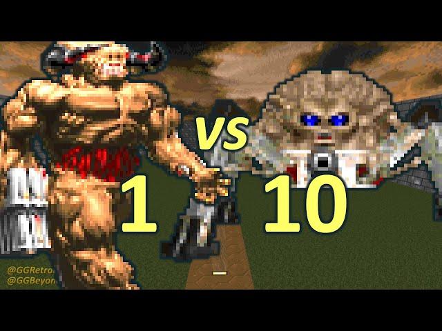 Cyberdemon vs 10 Arachnotrons - Monster Infighting - Doom II Retro Battles