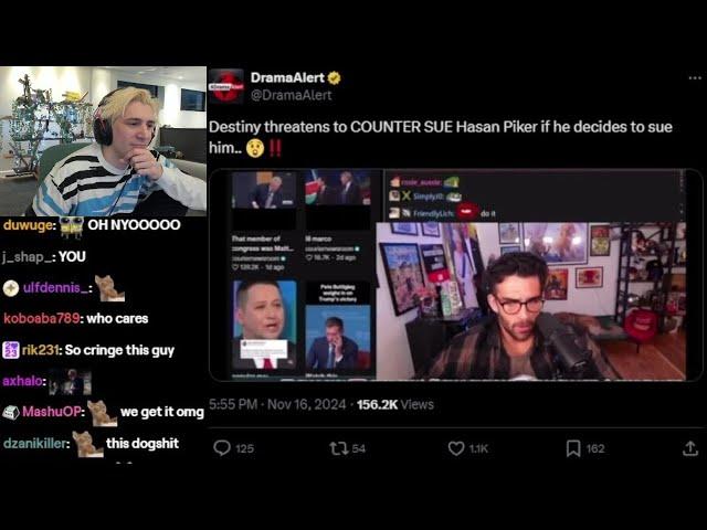 xQc Reacts to Destiny Threatening to Counter sue Hasan Piker if he Decides to Sue Him