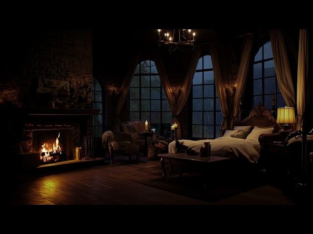 Cozy Castle Room  with Rain, Fireplace & Thunderstorm Sounds to Sleep or Relax