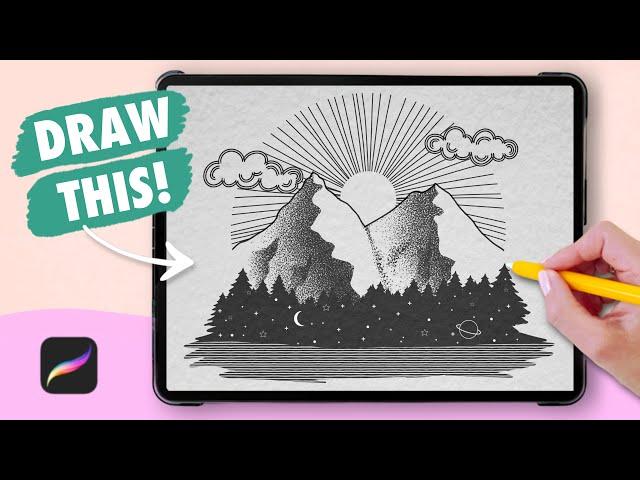 EASY Procreate Drawing for Beginners |  INK & STIPPLE Landscape - Digital Art Tutorial