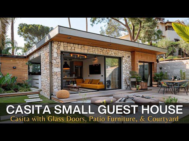 Small Guest House Casita with Sliding Glass Doors, Outdoor Patio Furniture, and Courtyard Garden