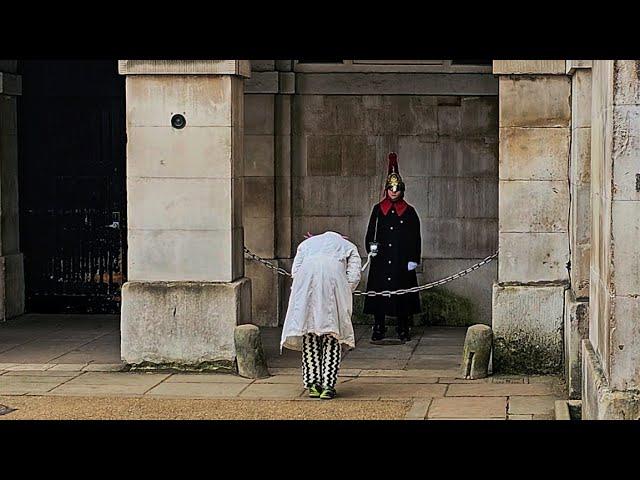 RESPECT! BEAUTIFUL MOMENT A VISITOR DECIDES TO BOW TO THE KING'S GUARD at Horse Guards!