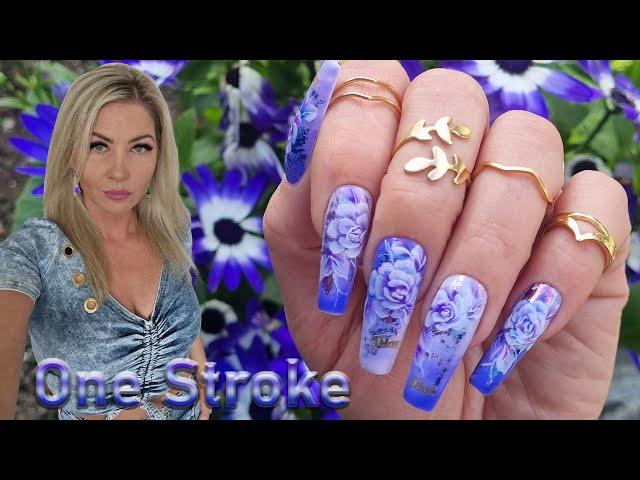 One stroke roses nail art. Designer gradient nails tutorial.