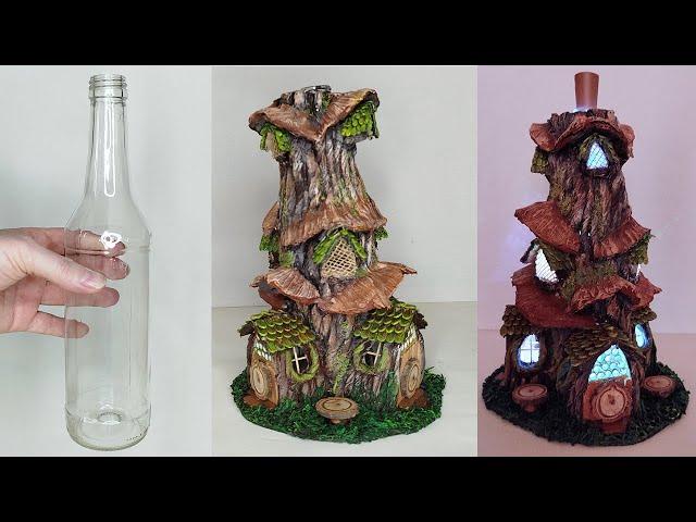 Bottle  Fairy Mushroom House made of Cardboard and Paper. Diy Hobbit Tree House Lamp