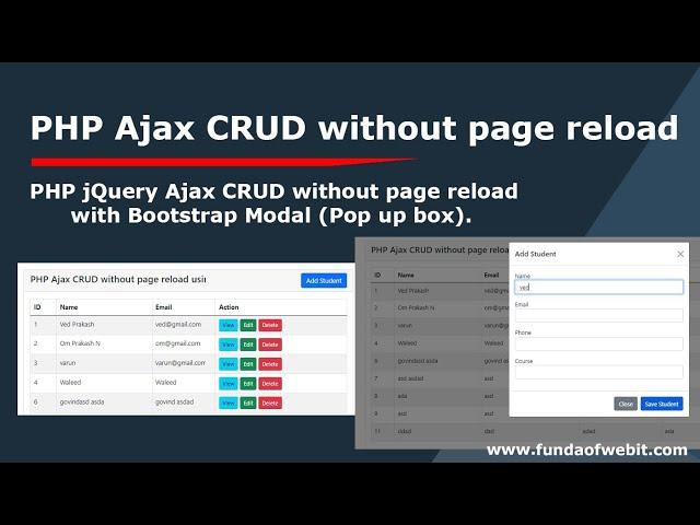 PHP Ajax CRUD without page reload with Bootstrap Modal (Pop up box)  using jQuery, PHP Ajax in 2022