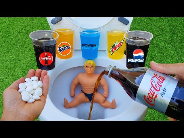 Experiment !! Stretch Armstrong VS Toilet Cola Light, Fanta, Pepsi, Mtn Dew, Power ade and Mentos