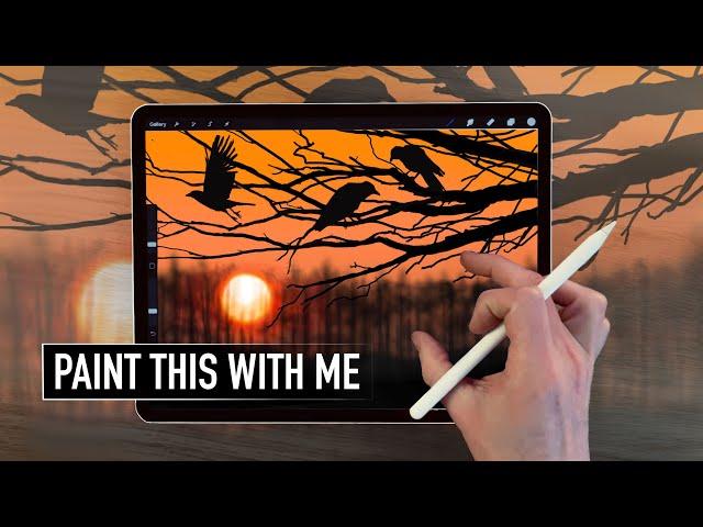 IPAD PAINTING TUTORIAL - Tree Sunset and Crows landscape art in Procreate