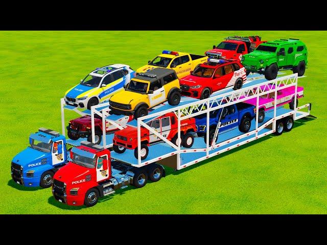 TRANSPORTING & TEST DRIVE ALL SUV POLICE CARS WITH POLICE TRUCKS! Farming Simulator 22