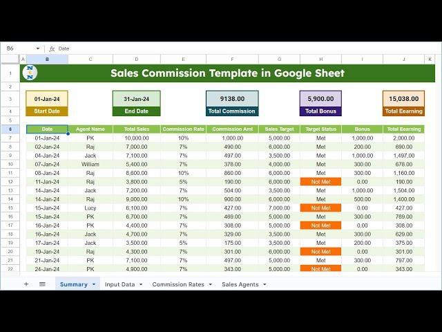 Sales Commission Template with Bonus Amount in Google sheet