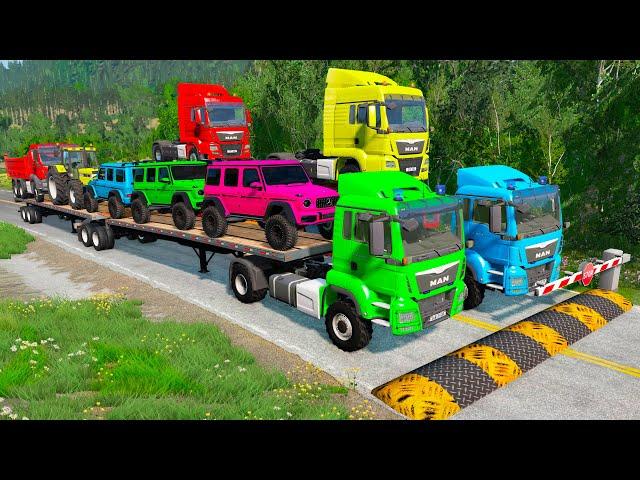 Double Flatbed Trailer Truck vs Speedbumps | Train vs Cars | Tractor vs Train | BeamNG.Drive #30