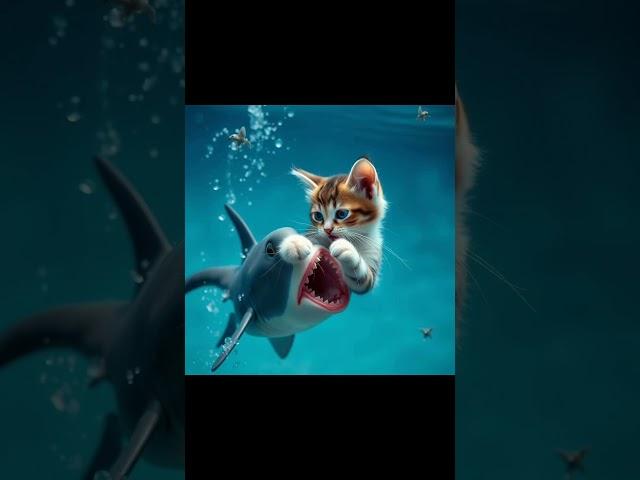 Daddy cat fights shark to save kitten | Dancing Shark | #cat #viral #new #hd #shorts #cute #shark
