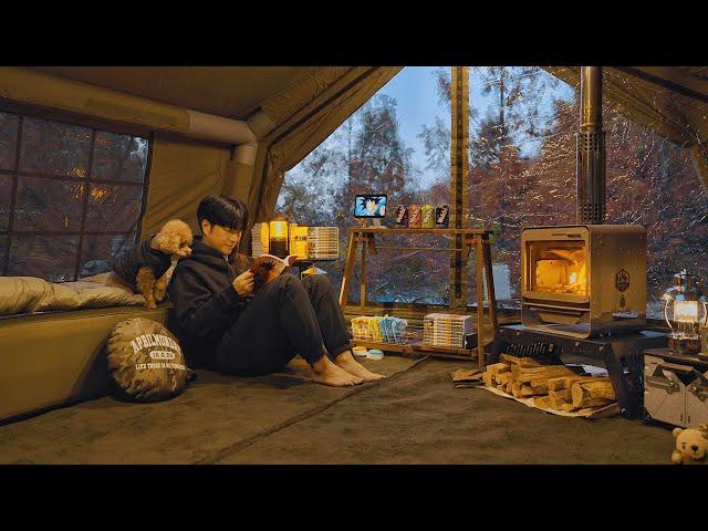 Inflatable Tent Camping with My Dog . Korean Ramen Rabokki . Wood Stove ASMR