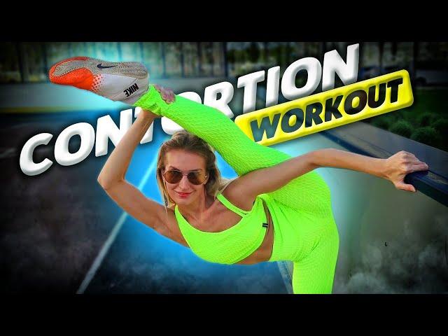 Contortion workout on the sports ground. Oversplits training. Fitness motivation. Flexshow