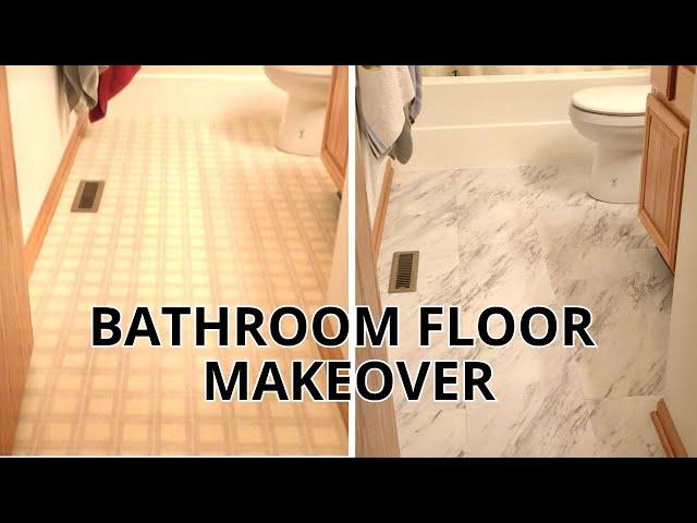 How to INSTALL PEEL AND STICK Vinyl Tile | Budget Bathroom Floor Makeover