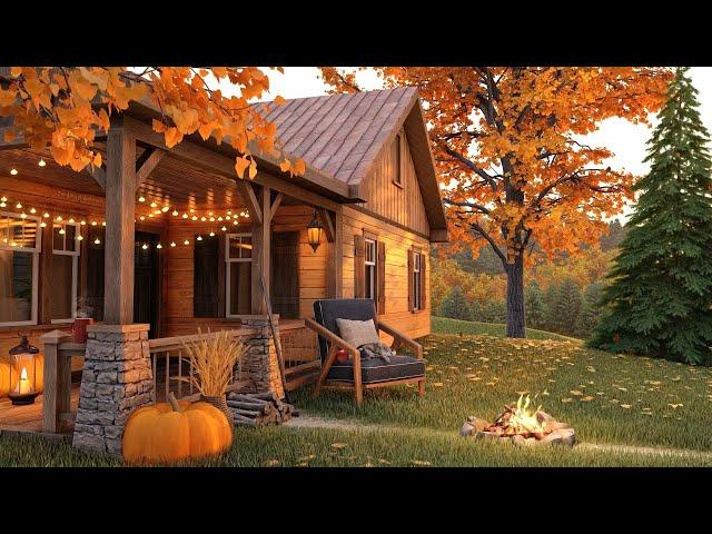 Autumn Cozy Cabin Porch in Forest Ambience with Falling Leaves, Campfire and Relaxing Fall Sounds