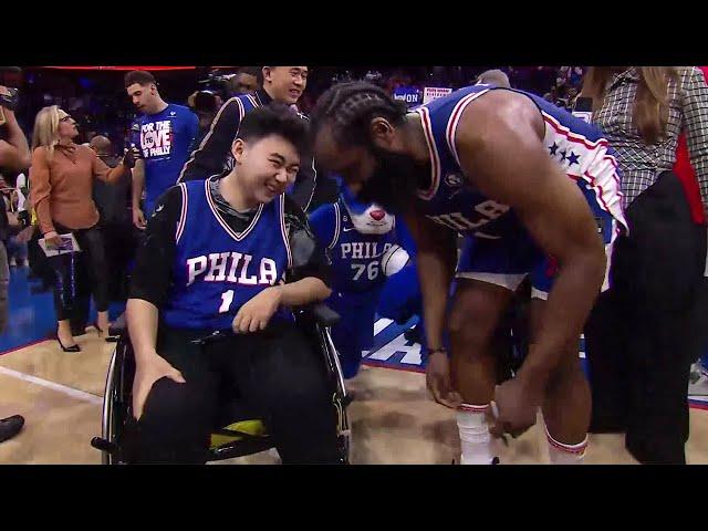 James Harden & John Hao, Michigan State University School Shooting Survivor Share A Moment Postgame