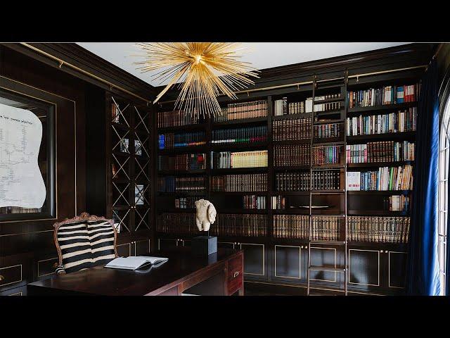 Charming Home Office Library  - Custom Dark Wood Furniture, Ladder, & Cabinets with Gold Accents