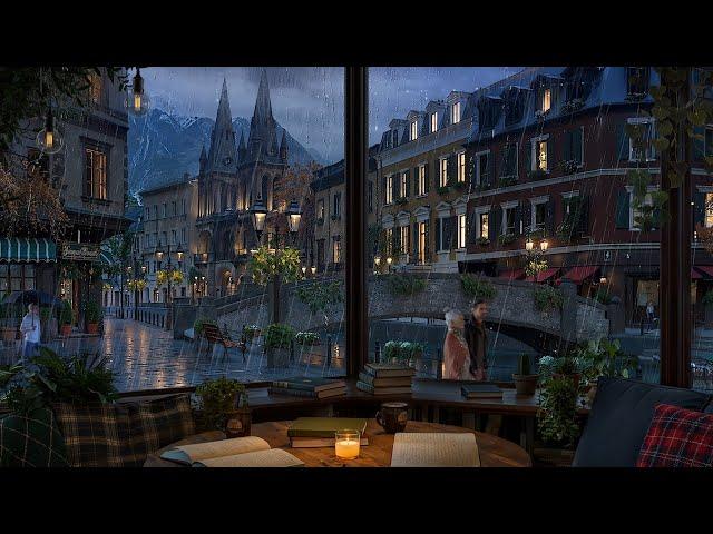 Coffee Shop Ambience European River Town - Rain and Distant Thunder Sounds for Study and Relaxation