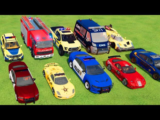 TRANSPORTING CARS, AMBULANCE, POLICE CARS, FIRE TRUCK OF COLORS! WITH TRUCKS! - FS 22