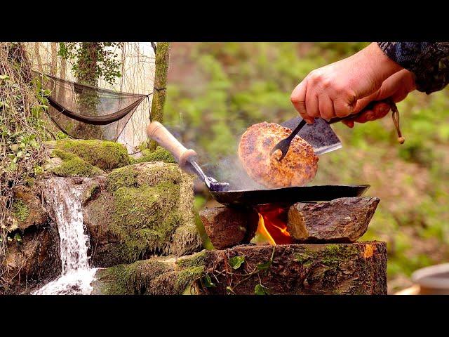 Camping Alone by the River, Swedish Fire, Chicken Burger, Relaxing in an Awning Shelter with My Dog