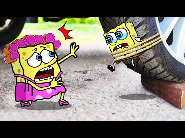 Ohh no, My Son !! Car crushing Spongebob Mommy vs Spongebob Baby   Crushing Crunchy & Soft Things