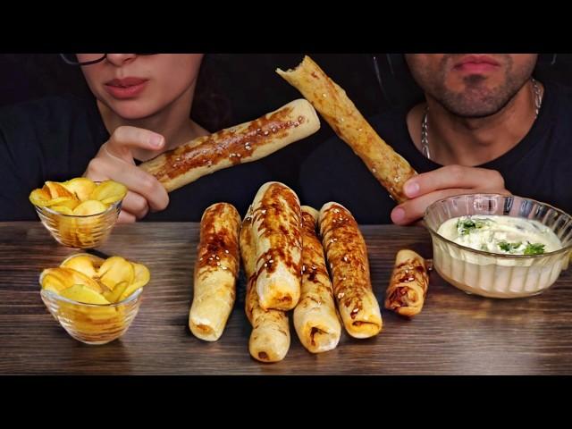 ASMR Eating, Roasted Chicken Rolls, with Caramelized Apples | Creamy Sour Cream & Mayo Sauce