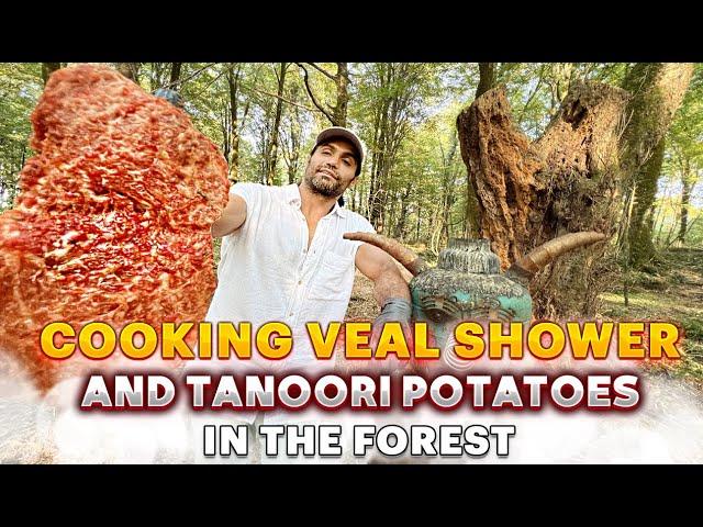 cooking Veal shower and tandoori potatoes in the forest