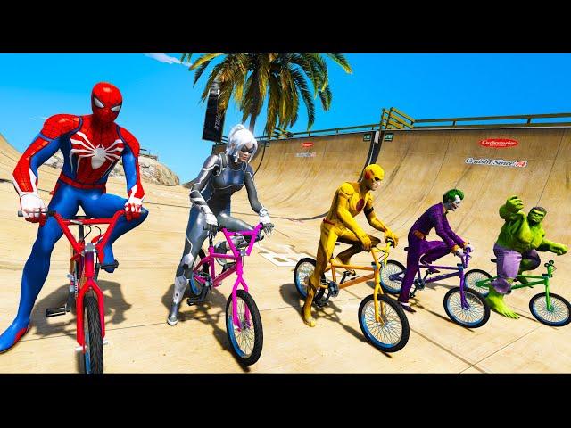 Spiderman and SuperHeroes Challenge on Cars and Motobike Trucks and Bicycles - GTA 5 MODS