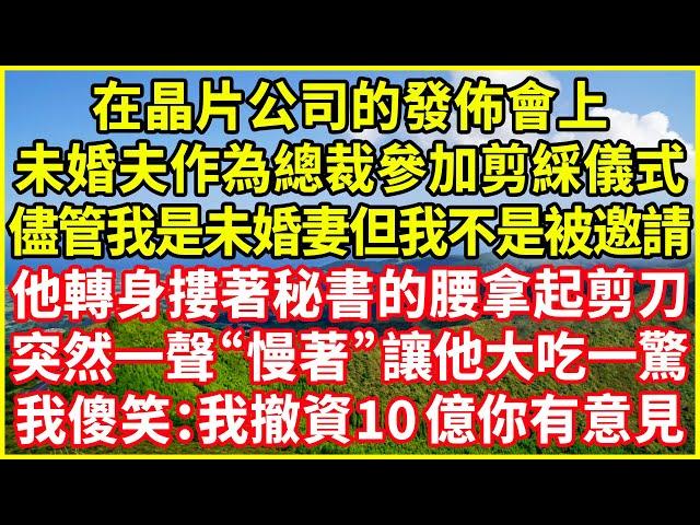 在晶片公司的發佈會上，未婚夫作為總裁參加剪綵儀式，儘管我是未婚妻但我不是被邀請，他轉身摟著秘書的腰拿起剪刀，突然一聲“慢著”讓他大吃一驚，我傻笑：我撤資10億 你有意見？#情感故事 #深夜淺談