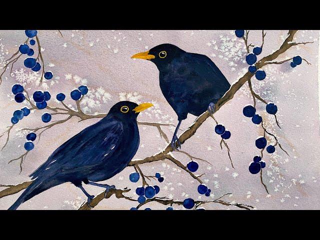 USE SALT! Paint A Winter HOLIDAY CARD Snow Birds Watercolor Landscape Painting Tutorial Watercolour