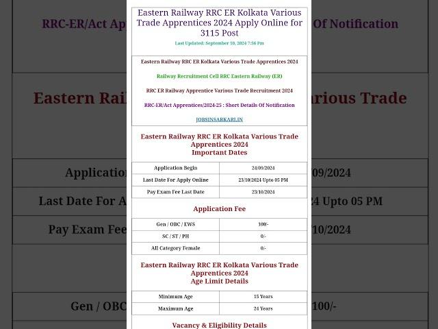 Eastern Railway RRC ER Kolkata Various Trade Apprentices 2024 Apply Online for 3115 Post #railway