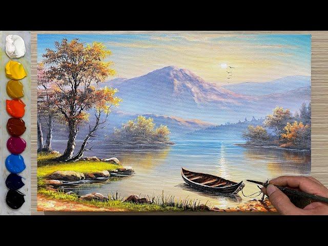 Techniques for painting a sunrise landscape - There is a boat parked on the lake / Acrylic painting.