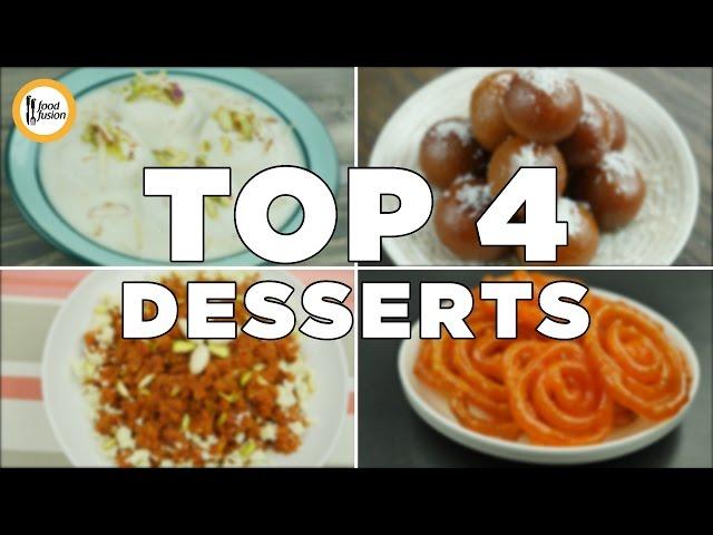 Rus Malai, Gulab Jamun, Gajar Ka halwa & Jalibi all desserts  in recipe video By Food Fusion