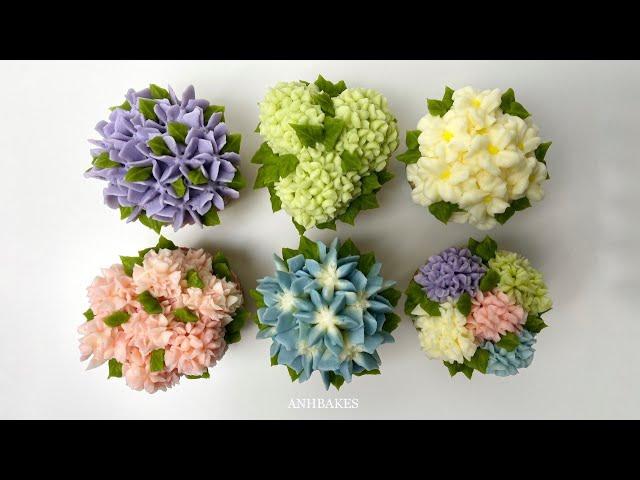 Six ways to make Buttercream Hydrangea Cupcakes (The Hydrangea Nozzle Set by ANHBAKES on Amazon)