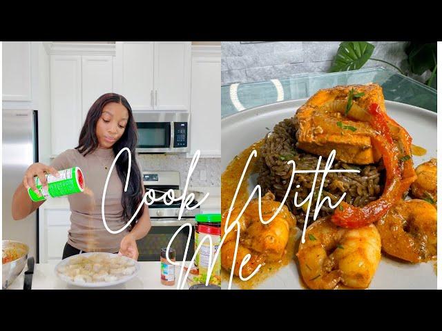 COOK WITH ME VLOG | DELICIOUS CREAMY SALMON AND SHRIMP WITH BLACK MUSHROOM RICE