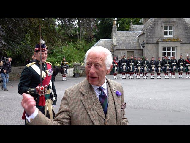 King Charles III welcomed to Balmoral Castle in Scotland by Royal Guard from Balaklava Company 2024