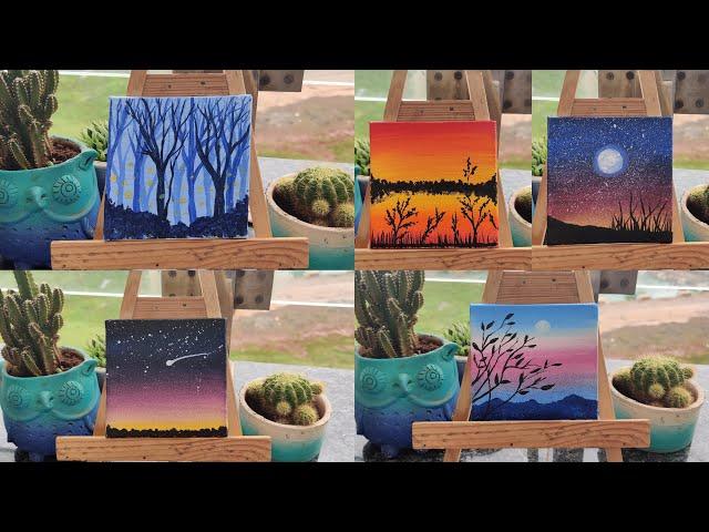 5 Paintings For Beginners || Complete Guide on Blending Techniques || Painting on 5 Tiny Canvases