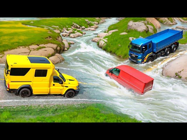 Cars vs Fast Flowing River and Fire Speed Bump  BeamNG Drive