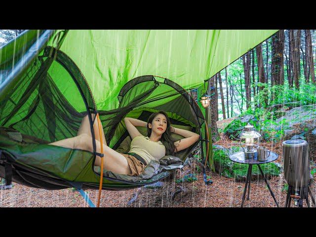 CAMPING UNDER THE RAIN SHOWER WITH A NEW HAMMOCK TENTㅣNATURE ASMRㅣNIGHT CAT